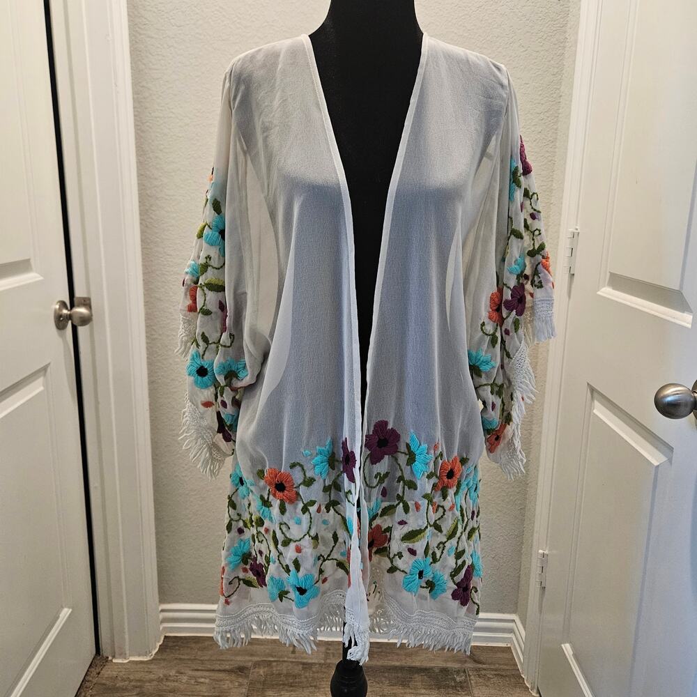 Judith March Coverup Cardigan Shawl Womens Size S Swim Summer Floral Embroidered
